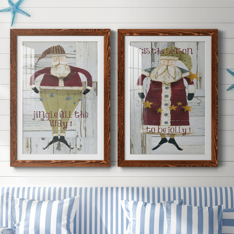 Jingle Santa - ensemble de 2 reproductions, Papier avec cadre érable, Blanc, H 37,5 po x l 27,5 po x P 1 po