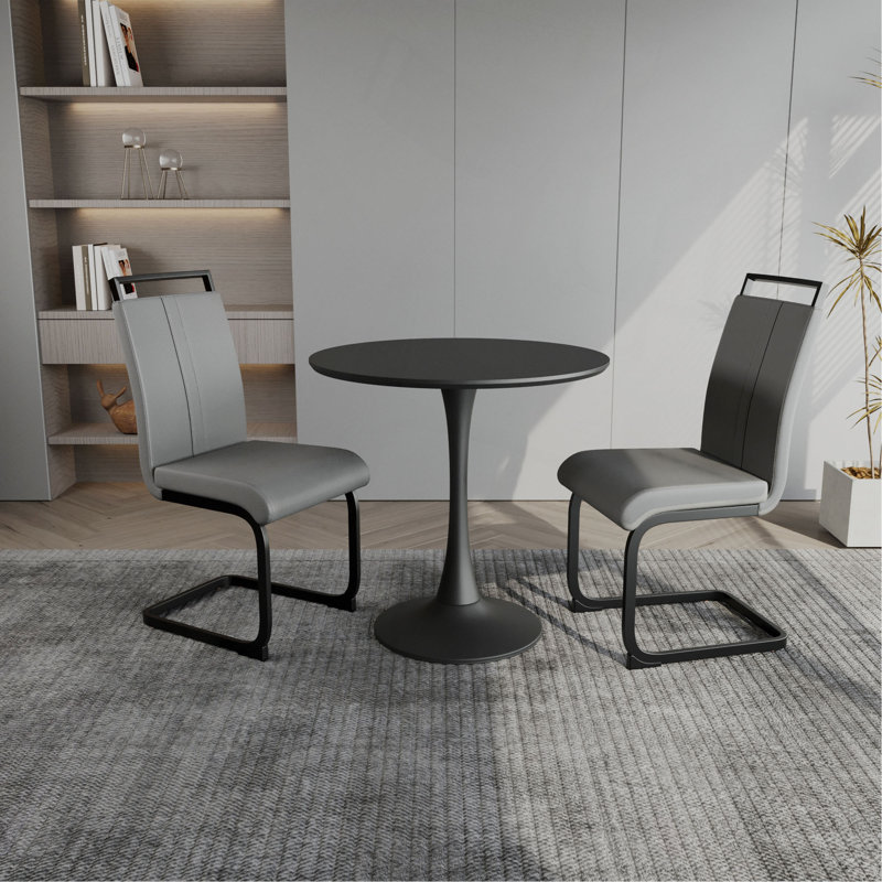 Table de salle à manger 31,5 "circulaire, table de salle à manger Tulip, table de salle à manger pour 2 à 4 personnes, plateau et base en panneau de fibres à densité moyenne et ensemble de 2 chaises en métal