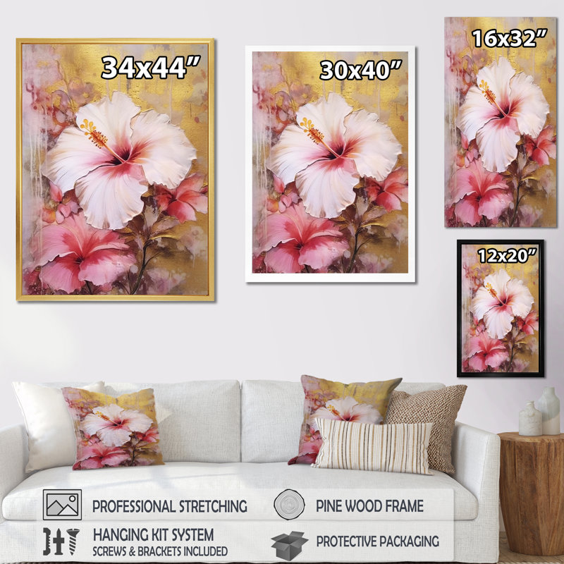 Exotic Gold and Pink Hibiscus Beauty, reproduction d'art sur toile, Cadre simple blanc, H 40 po x l 30 po x P 1,5 po