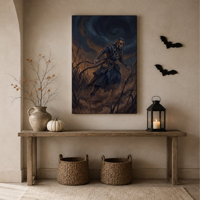 Personnage masqué en robe bleue déchirée au milieu d'une toile murale sèche d'Halloween