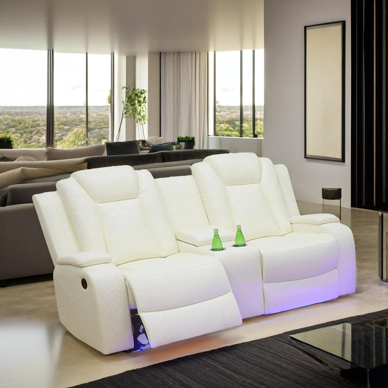 Regalia White Vegan Leather  Power Recliner Loveseat With LED Lights, Storage Console & USB Charging, White
