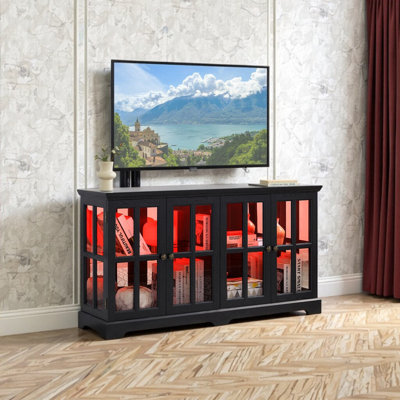 Glass Display Cabinet With Led Lighting Adjustable Glass Shelves Vintage 4-Door Collectible Showcase
