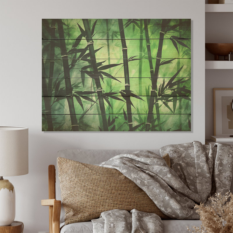 Bamboo Green Dark And Light - Bamboo Wood Wall Art On Natural Pine Wood, 24" H x 32" W