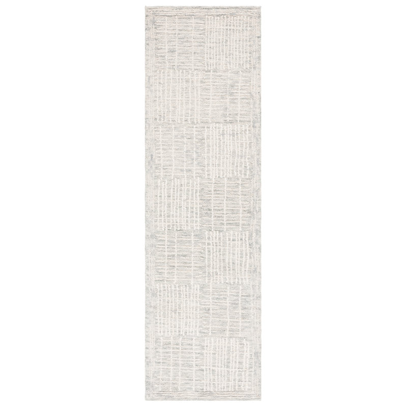 Tapis géométrique en coton touffeté à la main à motif abstrait ivoire / gris Wigbrecht, Tapis de couloir 2 pi 3 po x 8 pi