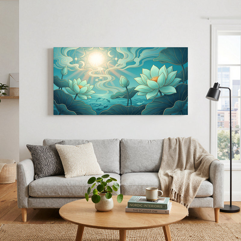 Art sur toile, fleurs de lotus bleu sarcelle et poissons nageant dans l'eau bleue, 46“W x 24”H