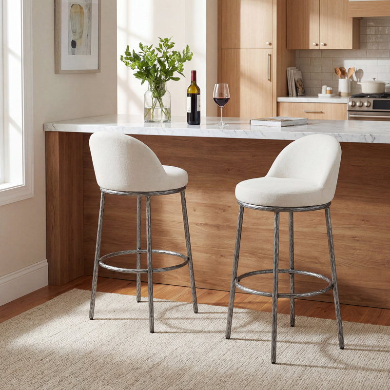 Urbina Modern Glam Forged Iron Bar Stool with Hammered Metal Legs, Beige Cushion/Forged Pewter Frame