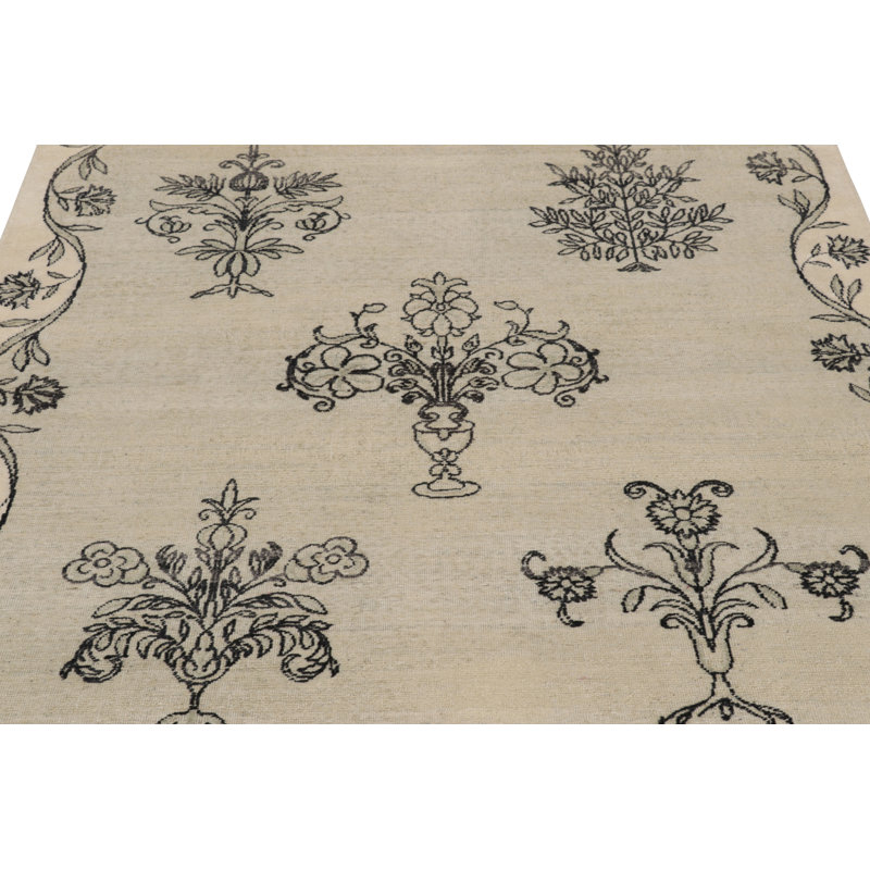 Rug & Kilim’S Block Print Rug, White And Taupe With Elegant Black Floral Motifs