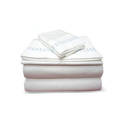 400TC Sateen Solid Cotton Dot Embroidered Cotton 4 Piece Sheet Set Fitted Sheet Fits Upto 16" Deep Pocket