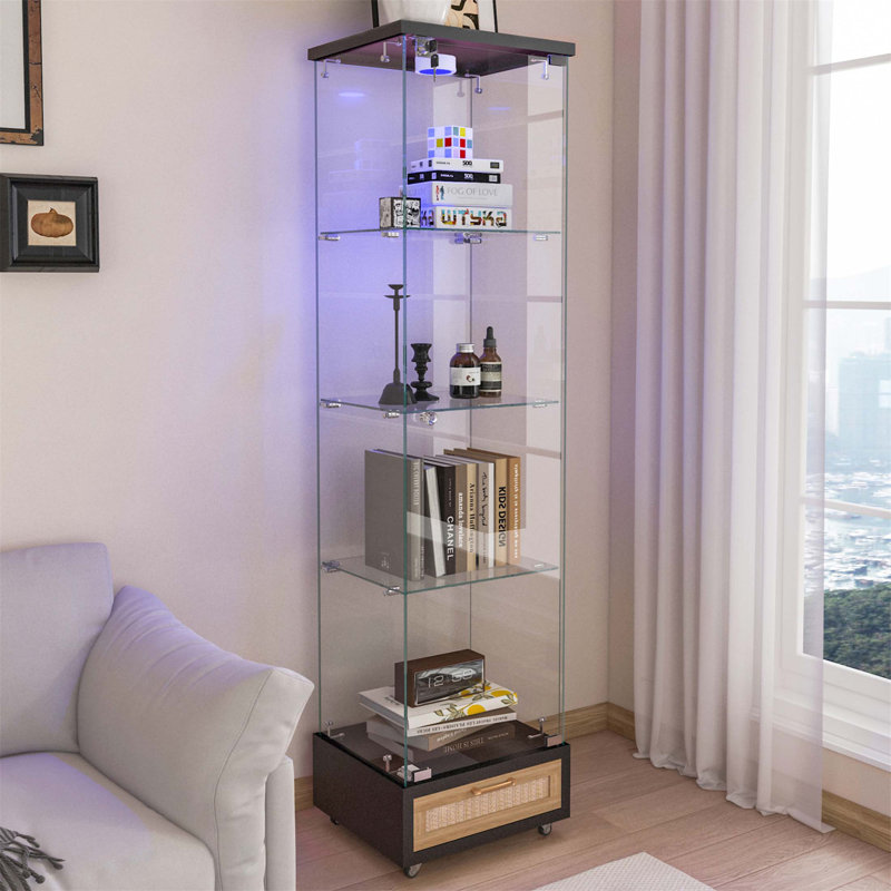 Modern Glass Display Cabinet With LED Lights, Tempered Glass Shelves, And Drawer For Living Room And Bedroom, Black