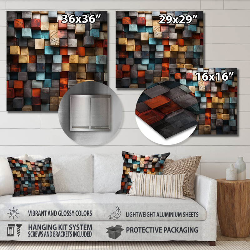 «Blue and Red Abstract Cubes IV - Abstract Cubism», reproduction d'art murale en métal, H 29 po x l 29 po