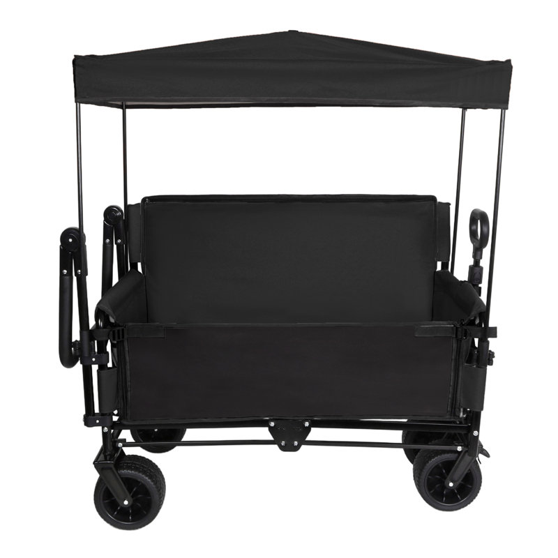 Black Steel 3-in-1 Folding Wagon Cart with Bench Seat, Canopy, and Storage Basket