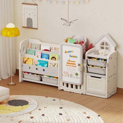 Kids Toy Storage Organizer with 10 Storage Bins, Foldable Toy Organizers And Storage With Bookshelf, Toy Storage Shelf with 3 Shelves And Drawing Boar by Zoomie Kids