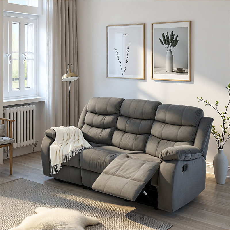 Reclining Sofa Set 3 Seater Couch Recliner, Velvet Wall Hugger Recliner Sofas for Living Room, RV, Home Theater Seating-Gray