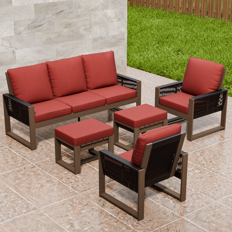 5-Person Patio Sofa Seating Group Cedar Wood Frame Brown Wicker with Cushion, Ottomans, Red