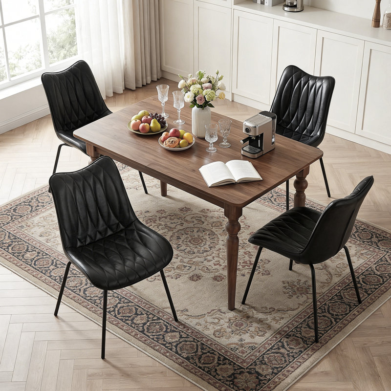 Set of 4 Mid-Century Modern Dining Chairs, Waterproof Faux Leather Side Chairs with Metal Legs, Black, Black, 4