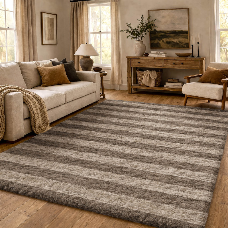 Premium Machine Washable Dream Shag ADS530 Striped Rug, Coffee, 3' x 5'
