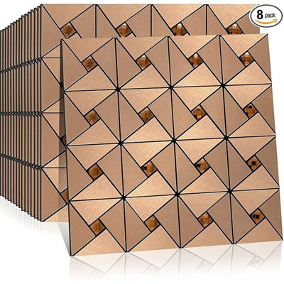 8-Sheet Peelable Backsplash Metal Mosaic Tiles, Kitchen Wall Decor with Aluminum Panels, Copper Pinwheel and Glass Mix.