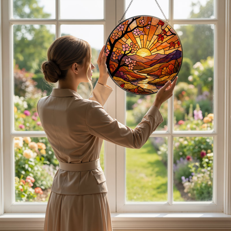 Panneau de vitrail 12 "H Sunset Landscape, H 12 po x l 12 po