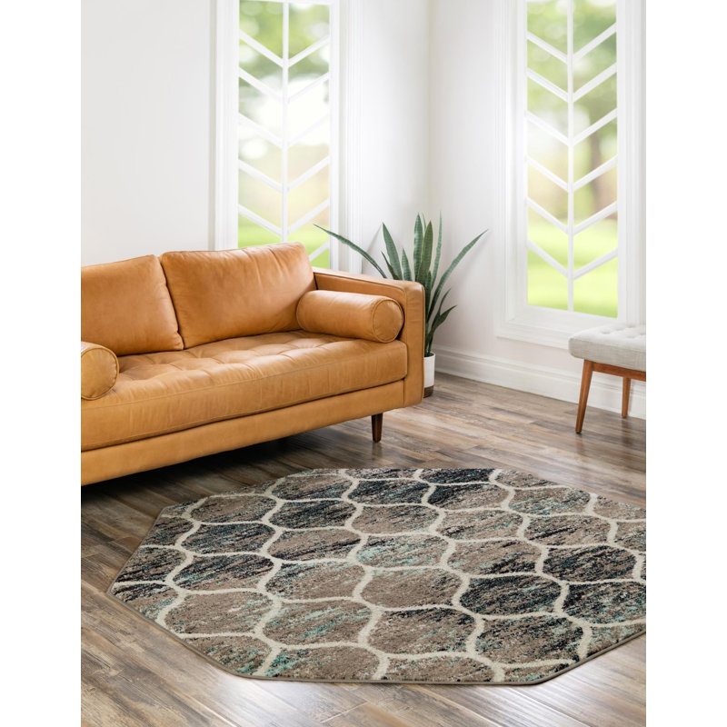 Tapis géométrique Llanet, Octogone 5 pi 3 po x 5 pi 3 po, Bleu multicolore
