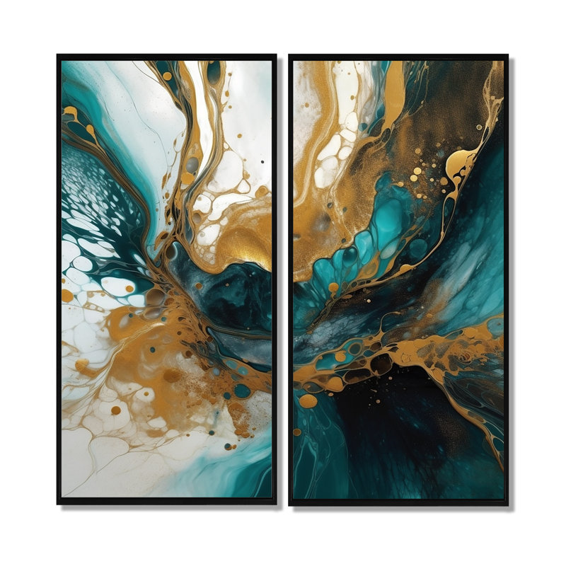 Turquoise et or sculptant l'espace - art mural moderne jaune 2 pièces, 40'' H x 40'' W, Impression encadrée flottante, Black