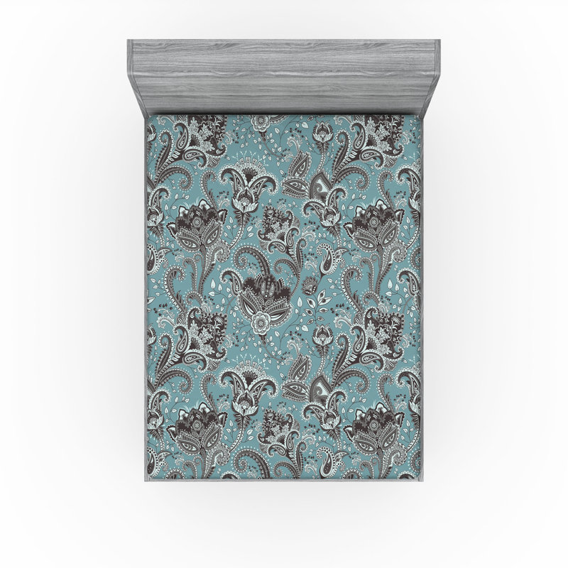 Drap-housse Ambesonne, Bleu cadet / motif cachemire cacao foncé, Drap-housse très grand californien