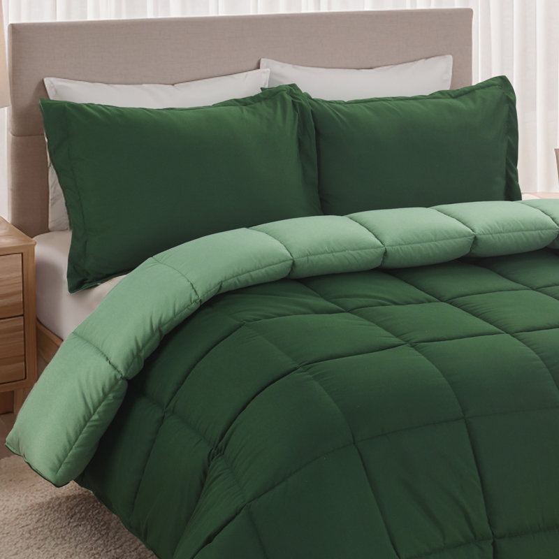 3pc Comforter Set - All Season Reversible Down Alternative Comforter with Two Shams - Breathable, Soft, Fluffy, Green