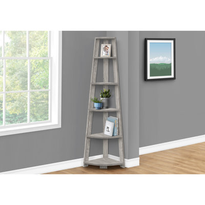 5 Tier Corner Bookshelf, 72"H, Grey Laminate, Modern For Office & Bedroom Contemporary Bookcase, Living Room Unit