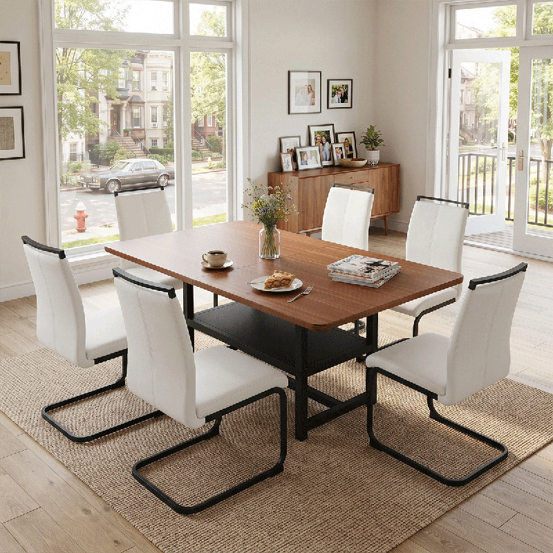 Ensemble de table de salle à manger rectangulaire pour 6 personnes, ensemble de table de salle à manger de style campagnard de 71 po avec 6 chaises rembourrées et tablette de rangement, plateau de table en bois avec structure en métal noir