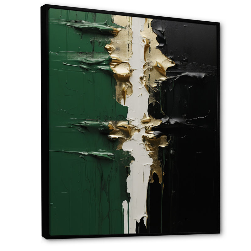 Encre dorée et encre noire II - peinture abstraite, art mural, Cadre flottant noir, H 40 po x l 30 po x P 1,5 po