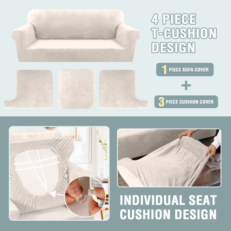 Velvet Stretch 4 Piece T Cushion Sofa Slipcovers for 3 Couch Covers with 3 Individual T Cushion Covers Machine Washable