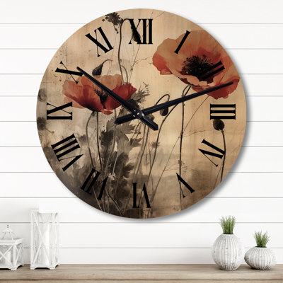 Vintage Beige Poppies II - Poppies Oversized Wood Wall Clock