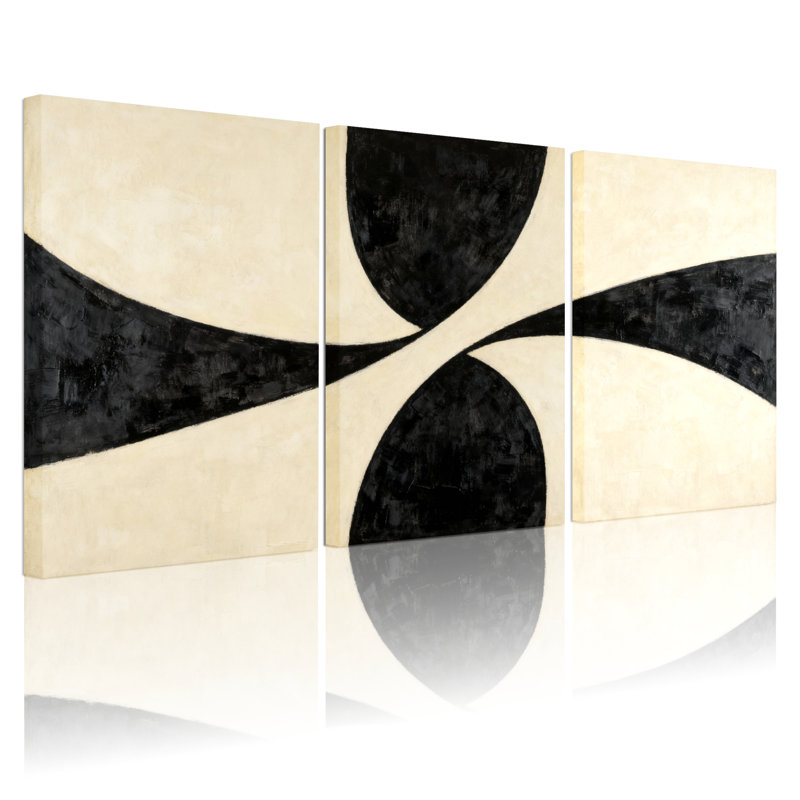Ensemble de 3 tableaux sur toile tendue, motif incurvé abstrait noir et crème, H 24 po x l 48 po