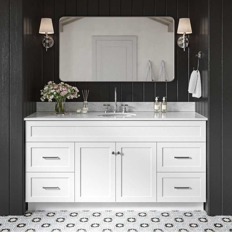 Partham 67'' Single Bathroom Vanity with Carrara Marble Top, Brushed Nickel, White