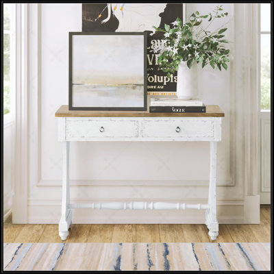 Console antique blanche à 2 tiroirs avec rangement spacieux et fabrication en queue d'aronde durable, parfaite pour les vestibules et les salons.