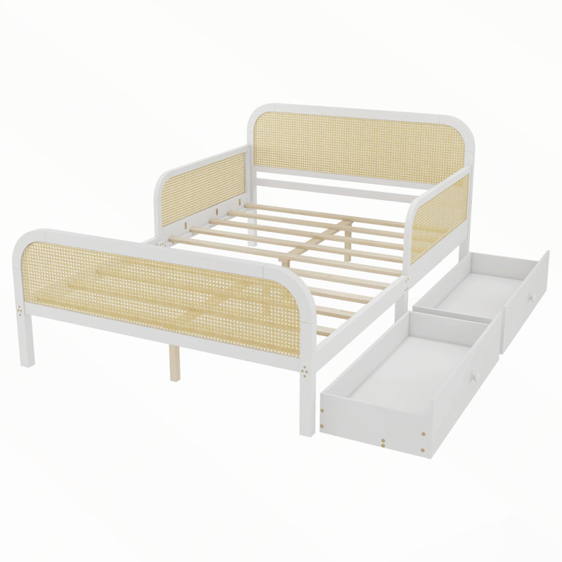 Cadre de lit plateforme avec 2 tiroirs de rangement et tête de lit en rotin, Double, White