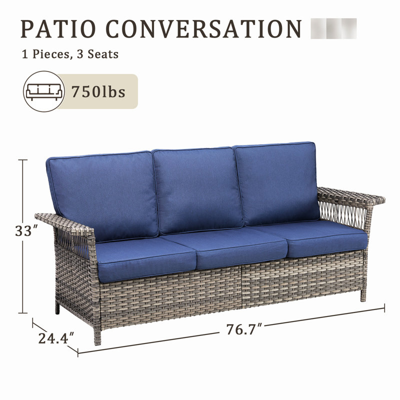 Canapé d'extérieur de 195 cm de large avec coussins bleus, résistant aux intempéries et facile d'entretien, coussins hauts