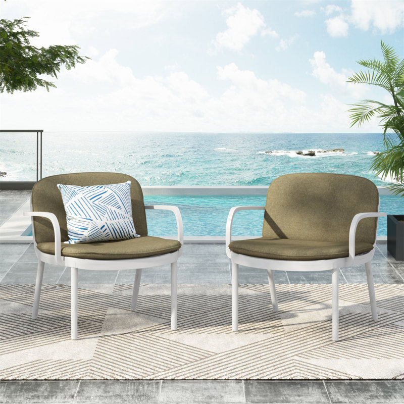 Fauteuil club d'extérieur en PP, structure blanche avec coussin vert, ensemble de 2, Vert/blanc