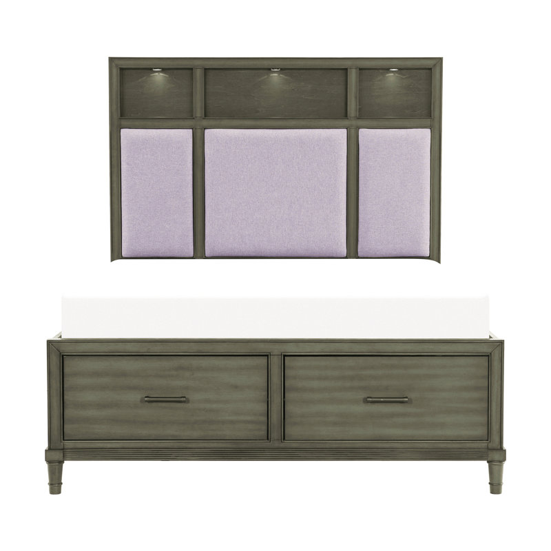 Lit plateforme grand gris avec tiroirs de rangement et tête de lit tapissier avec ports USB et lumières DEL de style transitionnel