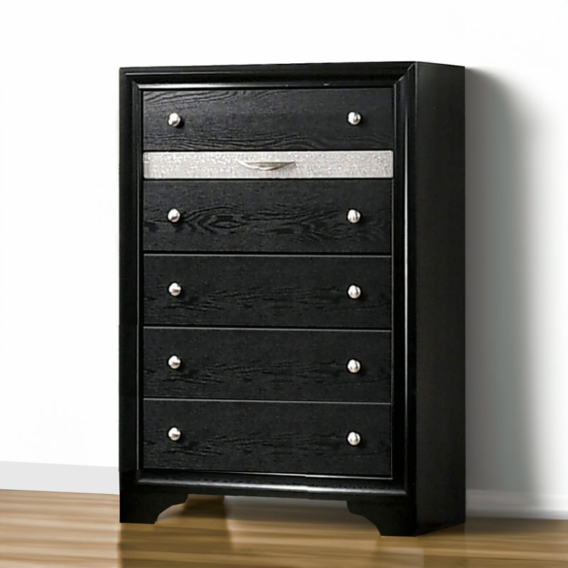 Commode Ludo à 6 tiroirs, 87 cm de large, en bois massif, Black
