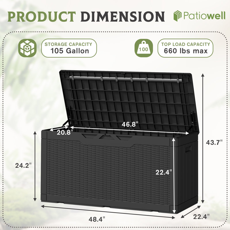 100 Gallons Water Resistant Resin Lockable Deck Box, Black
