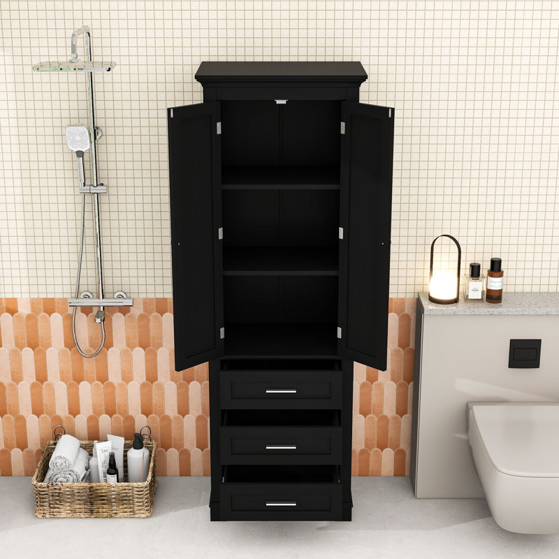 Wood Bathroom Cabinet with Three Drawers, Black