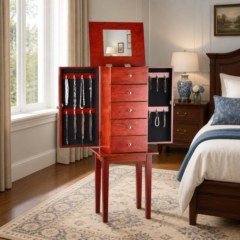 Armoire à bijoux en bois sur pied avec miroir rabattable et tiroirs spacieux pour un rangement élégant