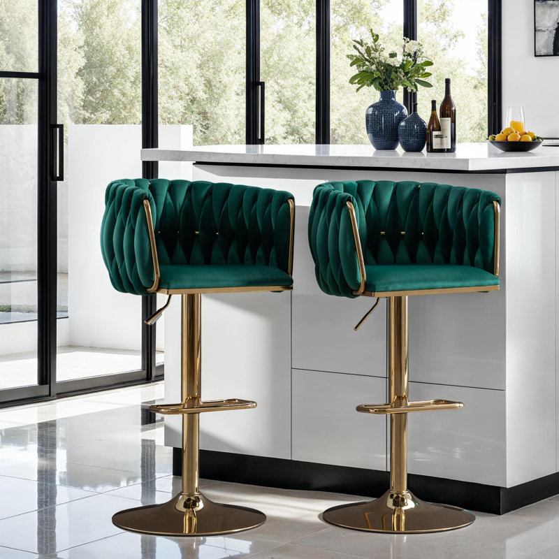 Set of 2 Velvet Upholstery Bar Stools – Chrome Footrest, Swivel, Height Adjustable Design for Kitchen or Bar, Green