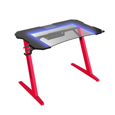 Gaming Desk, Steel Legs, Multicolored LED Lights, Cup Holder, 3 USB Ports, Tempered Glass Accent