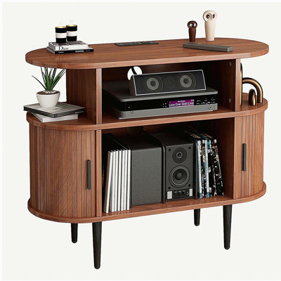Large Round Record Player Stand with Charging Station & USB Ports, Record Storage Cabinet, Mid Century Modern Turntable Stand for Bedroom Living Room (WALNUT)