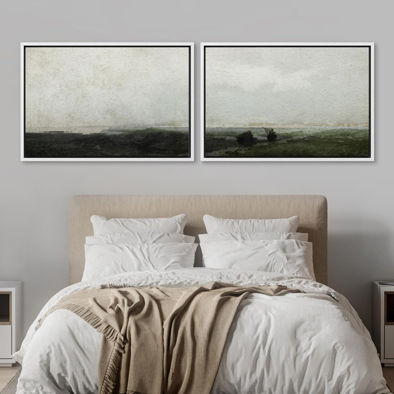 Minimal Landscape - Paysage abstrait vert foncé Moody 2 pièces, H 24 po x l 36 po, Cadre blanc
