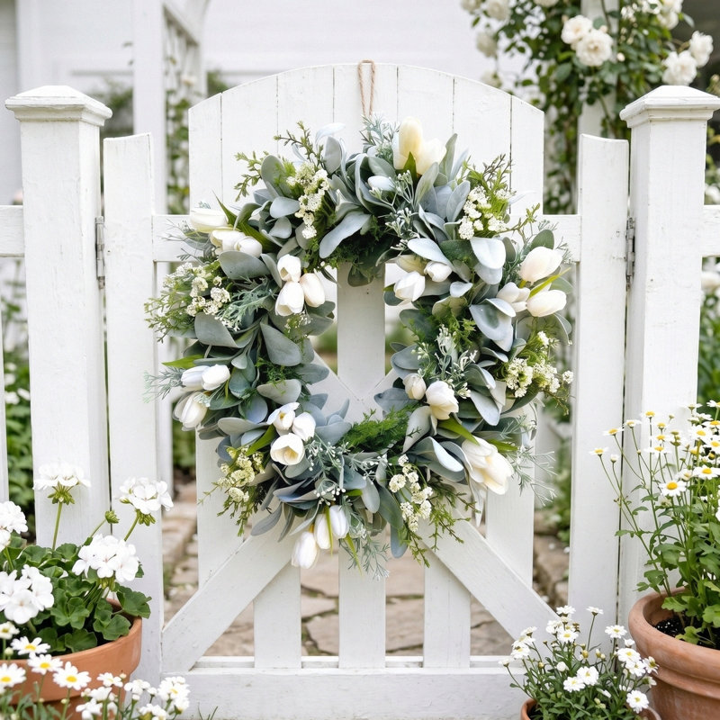 Couronne de tulipe blanche artificielle de 19,7 pouces, couronne de fleurs d'eucalyptus pour la porte d'entrée, couronne de bienvenue toutes saisons pour porche de fenêtre murale pour la maison