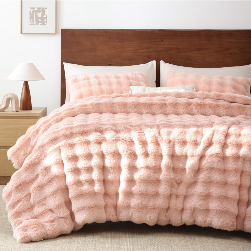 Fluffy Comforter Set 3 Pieces- Ultra Soft & Warm Faux Fur Comforter With Two Pillowcases For Winter, Blush