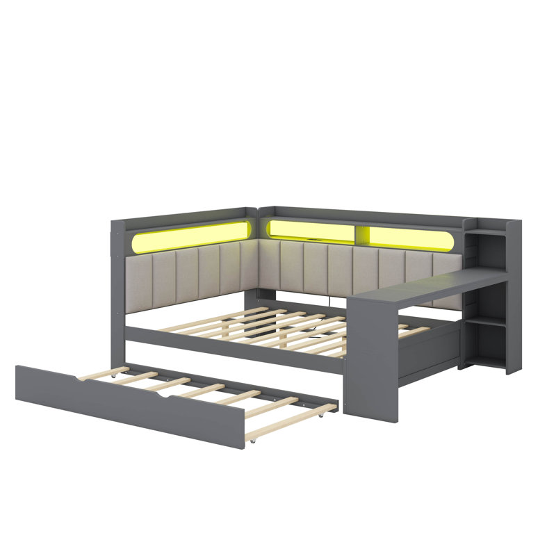 Full-Sized Daybed With Storage Units, A Trundle Bed, A Charging Outlet, LED Lighting, A Desk, And An Upholstered Headboard And Back Support