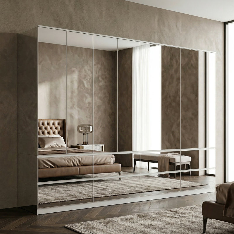 Grande armoire de 126 pouces de large avec 8 portes miroir et 8 tiroirs miroir